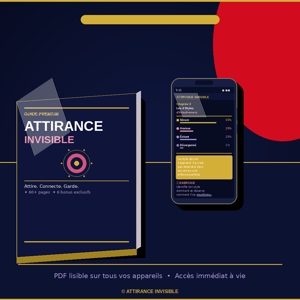 Attirance Invisible — Guide Premium PDF Comment attirer, séduire et garder quelqu’un en étant pleinement toi-même. Guide PDF premium · 60+ pages · 6 exclusifs bonus · Téléchargement instantané